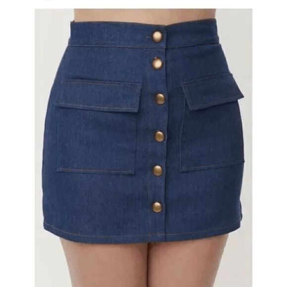 Unique Vintage Medium Blue Denim Button Up Mini Skirt L - Picture 2 of 5